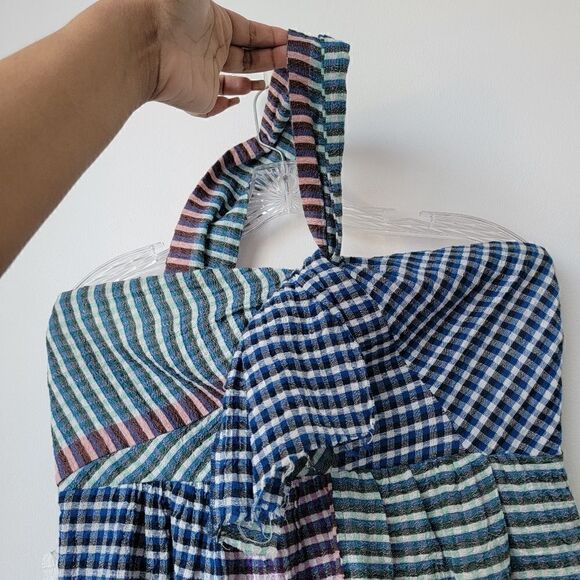 ANTHROPOLOGIE MAEVE One Shoulder Gingham Waverly Dress Blue Motif Size 8 - Picture 7 of 12